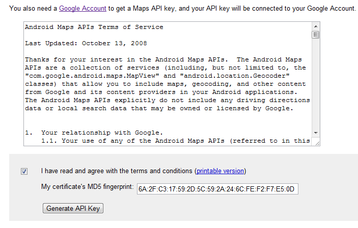 Generate api key google maps android